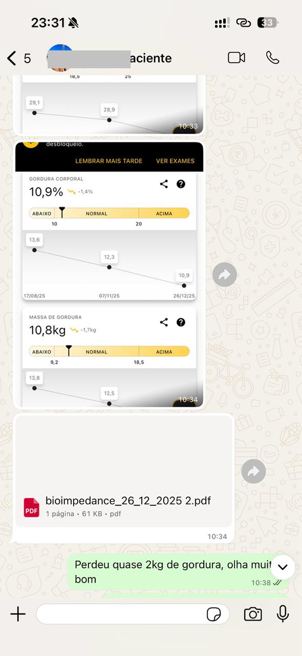 Aumentou massa muscular e diminuiu percentual de gordura de 13,6% para 10,9% em poucas semanas